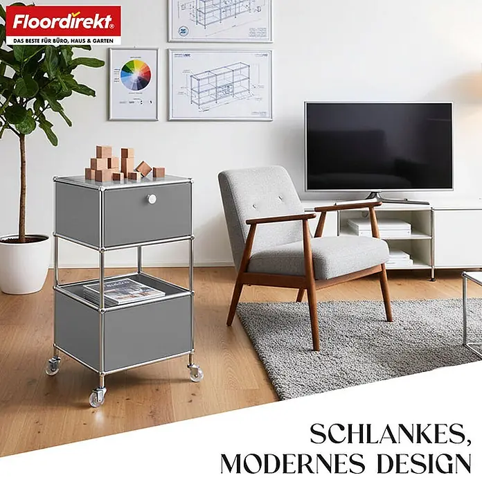 Floordirekt Metallregal Concept Epure MK-145 - 40 x 40 x 75 cm Grau - H x B x T: 75 x 40 x 40 cm, Anzahl Böden: 3 Stk., Schrauben, Grau - Grauer modularer Rollwagen mit zwei Ablagen und einer Schublade, in einem modernen Wohnraum neben einem Sessel.