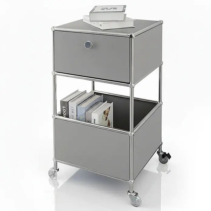 Floordirekt Metallregal Concept Epure MK-145 - 40 x 40 x 75 cm Grau - H x B x T: 75 x 40 x 40 cm, Anzahl Böden: 3 Stk., Schrauben, Grau - Grauer modularer Rollcontainer mit Chromrahmen, Schublade, offenem Regal mit Büchern und unterem Fach auf Rollen.