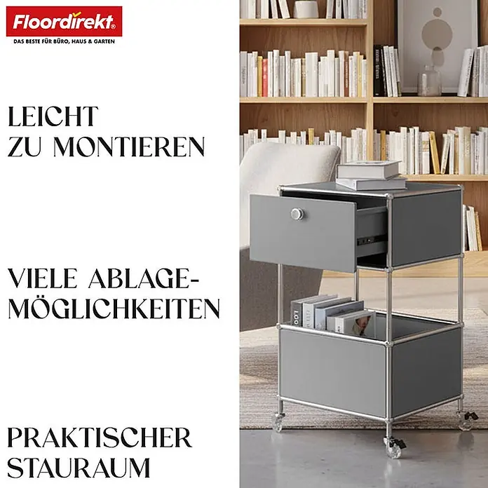 Floordirekt Metallregal Concept Epure MK-145 - 40 x 40 x 75 cm Grau - H x B x T: 75 x 40 x 40 cm, Anzahl Böden: 3 Stk., Schrauben, Grau - Grauer Rollcontainer mit Schublade und Ablagefächern, in einem modernen Wohnraum.