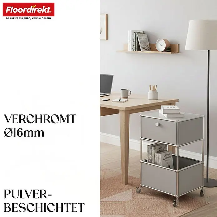 Floordirekt Metallregal Concept Epure MK-145 - 40 x 40 x 75 cm Grau - H x B x T: 75 x 40 x 40 cm, Anzahl Böden: 3 Stk., Schrauben, Grau - Grauer Rollcontainer mit zwei Schubladen, offenem Fach, verchromtem Ø16mm Rahmen und pulverbeschichteter Oberfläche, auf Rollen.
