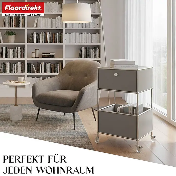 Floordirekt Metallregal Concept Epure MK-145 - 40 x 40 x 75 cm Grau - H x B x T: 75 x 40 x 40 cm, Anzahl Böden: 3 Stk., Schrauben, Grau - Graues, zweistöckiges Rollregal mit Schublade, als Beistelltisch in einem Wohnzimmer.
