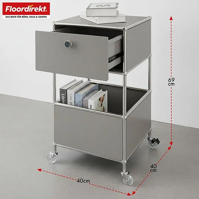 Floordirekt Metallregal Concept Epure MK-145 - 40 x 40 x 75 cm Grau - H x B x T: 75 x 40 x 40 cm, Anzahl Böden: 3 Stk., Schrauben, Grau - Grauer Rollcontainer aus Metall mit einer Schublade und zwei offenen Fächern auf Rollen, 69x40x40 cm.