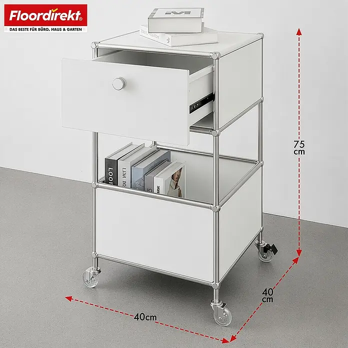 Floordirekt Metallregal Concept Epure MK-145 - 40 x 40 x 75 cm Weiß - Anzahl Böden: 3 Stk., Schrauben, Weiß - Weißer modularer Rollcontainer mit Chromgestell, einer Schublade und zwei Ablagen, auf Rollen. H75xW40xT40cm.