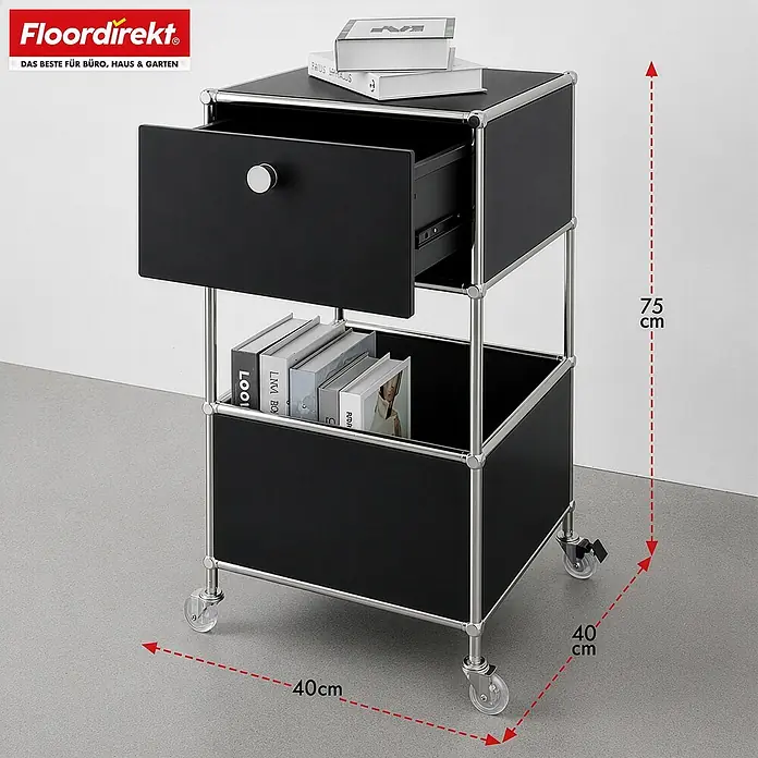 Floordirekt Metallregal Concept Epure MK-145 - 40 x 40 x 75 cm Schwarz - Anzahl Böden: 3 Stk., Schrauben, Schwarz - Schwarzer mobiler Rollcontainer mit Chromrahmen, einer Schublade und zwei offenen Fächern, auf transparenten Rollen.