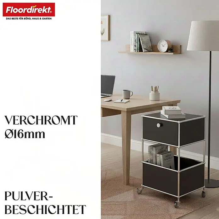 Floordirekt Metallregal Concept Epure MK-145 - 40 x 40 x 75 cm Schwarz - Anzahl Böden: 3 Stk., Schrauben, Schwarz - Schwarzer modularer Rollcontainer mit verchromtem 16mm Rahmen, pulverbeschichtet, neben einem Schreibtisch.