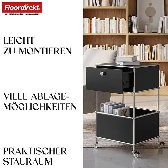 Floordirekt Metallregal Concept Epure MK-145 - 40 x 40 x 75 cm Schwarz - Anzahl Böden: 3 Stk., Schrauben, Schwarz - Schwarzer Rollcontainer mit silbernem Rahmen, offenen Fächern und Schublade, gezeigt in modernem Ambiente.