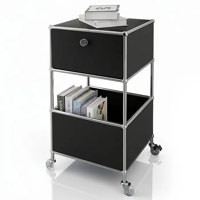 Floordirekt Metallregal Concept Epure MK-145 - 40 x 40 x 75 cm Schwarz - Anzahl Böden: 3 Stk., Schrauben, Schwarz - Schwarzes modulares Rollregal mit Chromrahmen, Schublade und offenem Fach für Bücher.
