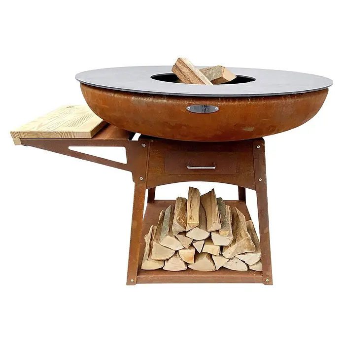 Remundi Estantería para barbacoa Zelos L -  - Brasero rústico de acero corten con plancha de cocción, mesa auxiliar de madera y leñera inferior integrada.