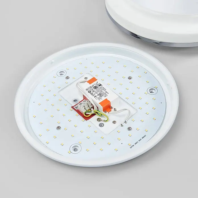Lindby Deckenleuchte Lyss - weiß / opal - Rückseite einer runden, weißen LED-Deckenleuchte mit integriertem LED-Treiber und vielen kleinen gelben LEDs.
