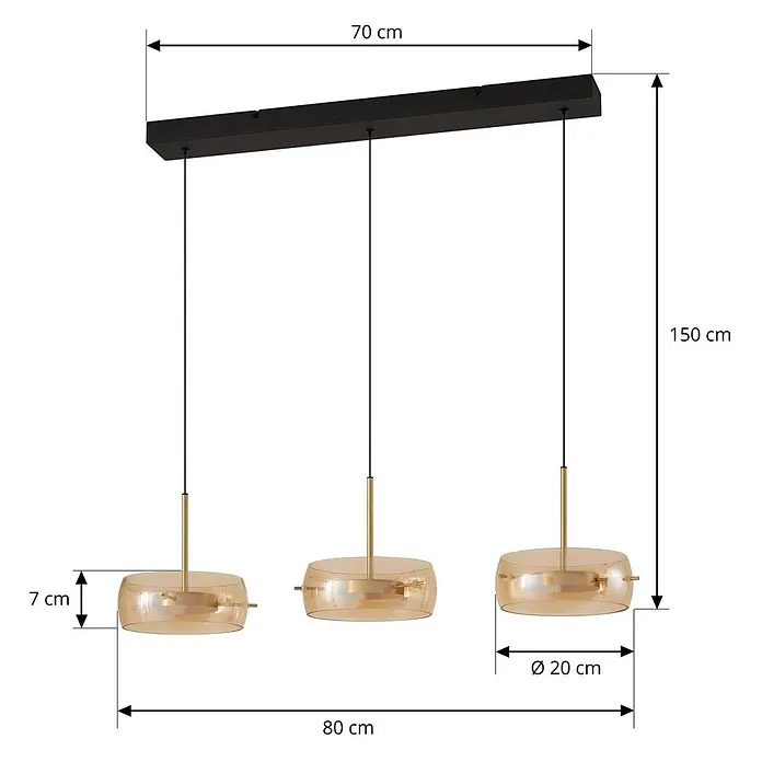 Lucande Pendelleuchte Martis - L x B x H: 80 x 20 x 7 cm, creme / amber, Schwarz, messing, amber - Dreiflammige Pendelleuchte mit schwarzem, rechteckigem Baldachin und bernsteinfarbenen Glasschirmen mit Goldakzenten.