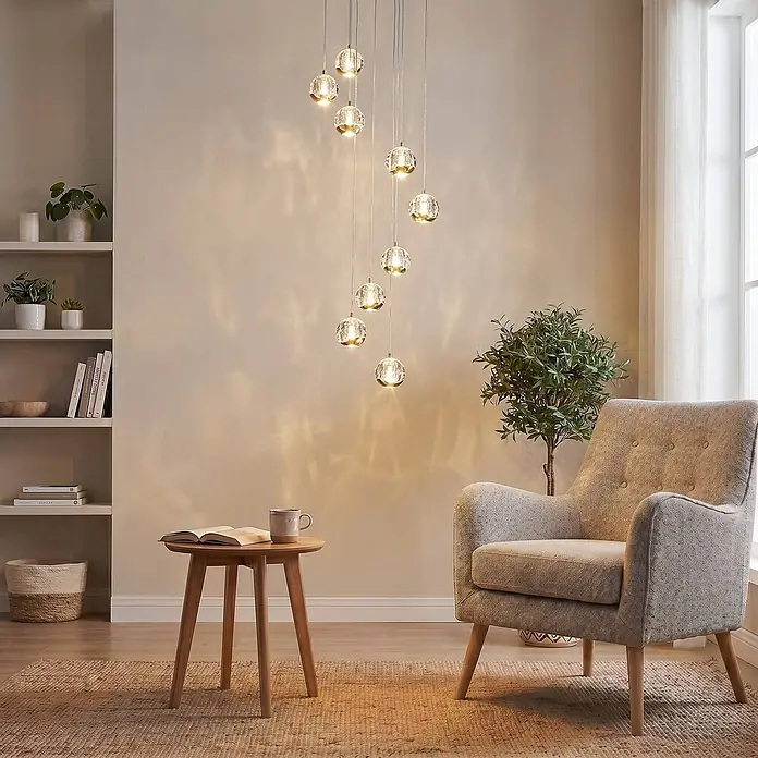 Lucande Pendelleuchte Hayley - klar / transparent, klar, gold - Eine Ansammlung von Hängeleuchten mit kristallähnlichen Kugeln und warmen Glühbirnen, die ein gemütliches Wohnzimmer beleuchten.