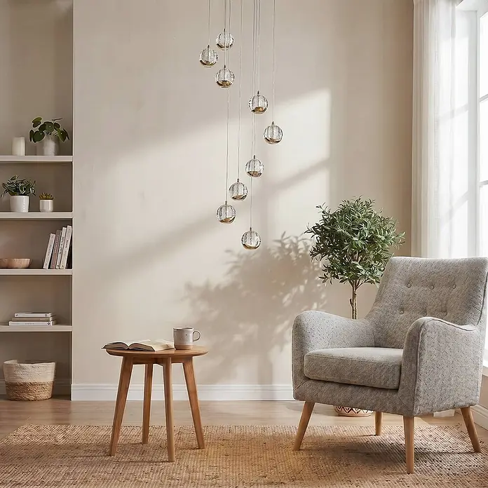 Lucande Pendelleuchte Hayley - klar / transparent, klar, gold - Kaskadenförmige Pendelleuchte mit mehreren klaren Glaskugeln und goldfarbenen Akzenten in einem modernen Wohnzimmer.
