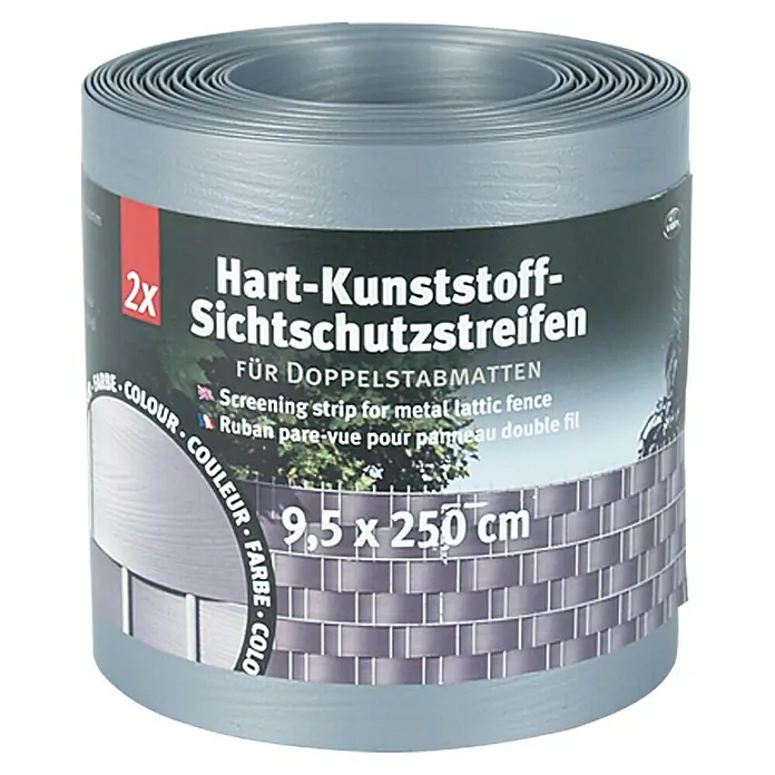 Videx Sichtschutzstreifen - Aluminium-Optik, 2 Stk., 200 x 9,5 cm - Rolle Hart-Kunststoff Sichtschutzstreifen 9,5 x 250 cm, ideal für Doppelstabmatten zur optimalen Privatsphäre im Garten.