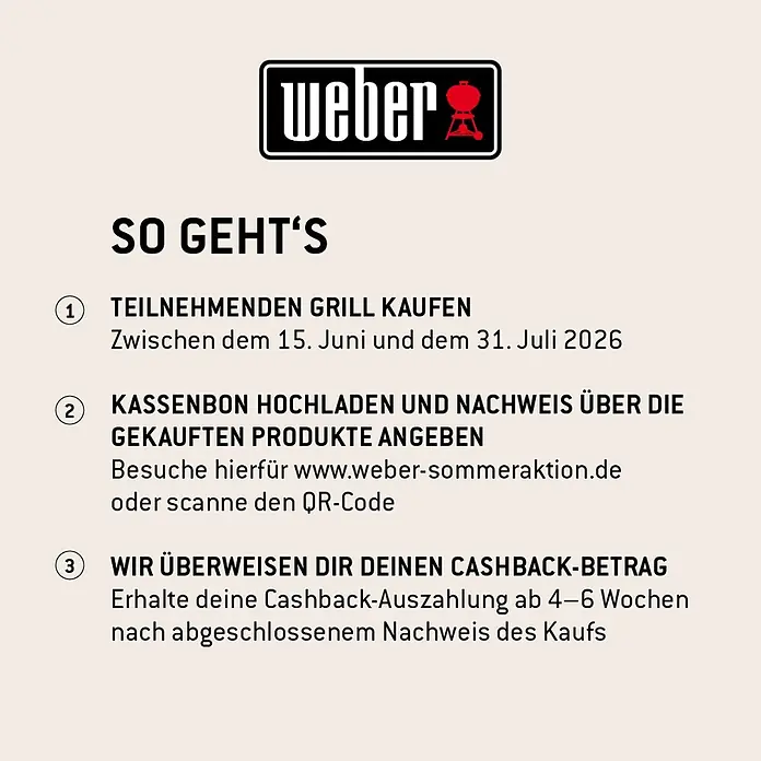 Weber Gasgrill Spirit EP-425 GBS - Grillfläche (B x T): 62 x 44 cm, 10,3 kW, Anzahl Brenner: 4 Stk. - Anleitung zur Weber Cashback-Aktion mit 3 Schritten: Grill kaufen, Beleg hochladen, Cashback erhalten.