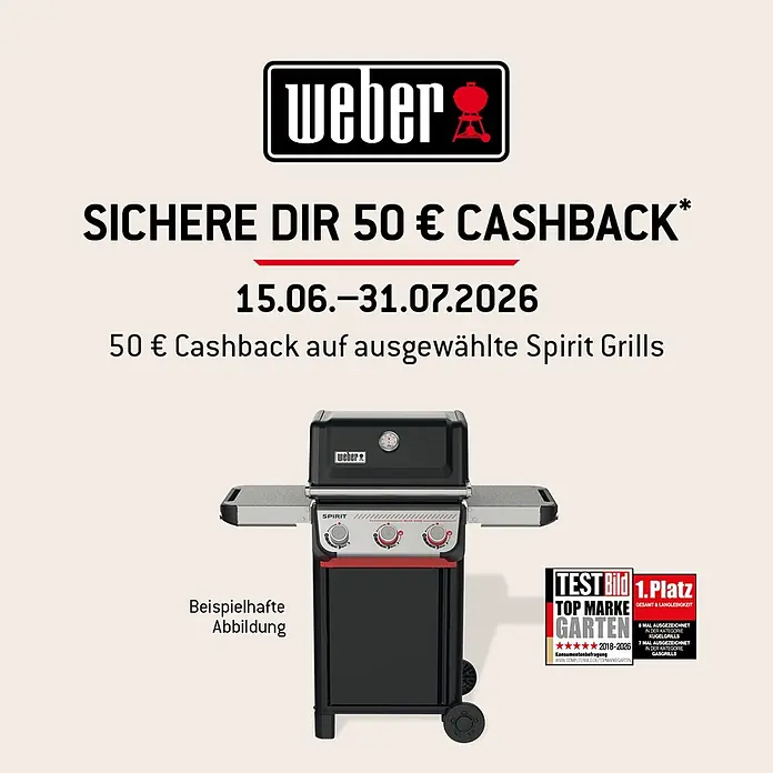 Weber Gasgrill Spirit EP-425 GBS - Grillfläche (B x T): 62 x 44 cm, 10,3 kW, Anzahl Brenner: 4 Stk. - Ein schwarzer Weber Spirit Gasgrill mit roten Akzenten und zwei Seitenablagen.