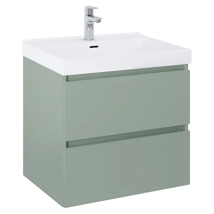 Riva Lynn Waschtischunterschrank - B x T x H: 60 x 45,6 x 53 cm, Sage, Matt - Salbeigrüner Badezimmerschrank mit weißem Waschbecken und Chromarmatur.