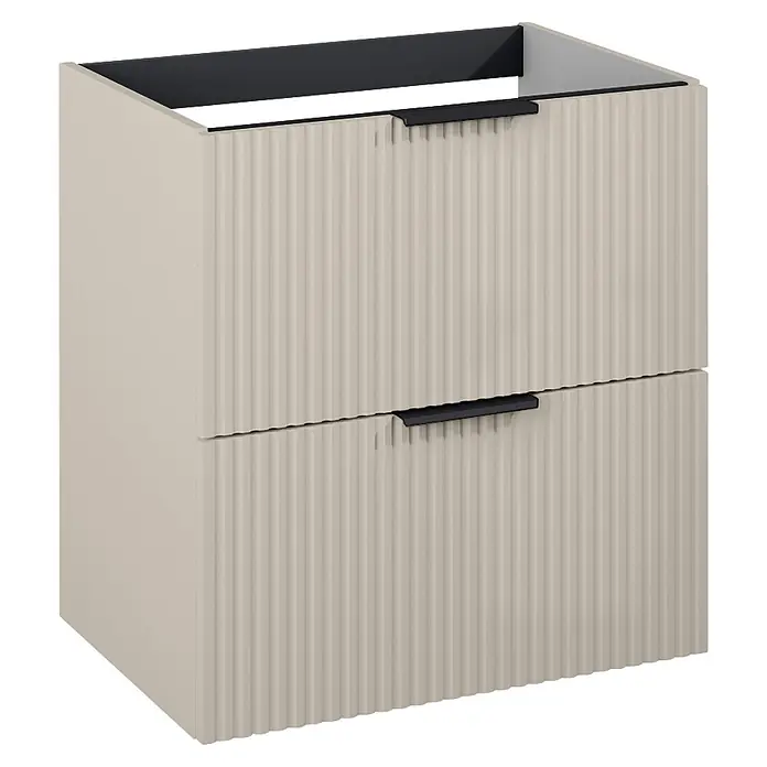 Riva Yasumi Waschtischunterschrank - B x T x H: 60 x 45,2 x 63,5 cm, Fume, Matt - Helles beigefarbenes Badmöbel mit zwei Schubladen, geriffelten Fronten und schwarzen Griffen, für ein Waschbecken.