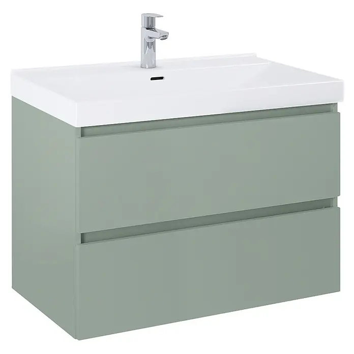 Riva Lynn Waschtischunterschrank - B x T x H: 80 x 45,6 x 53 cm, Sage, Matt - Wandhängender Badunterschrank in Salbeigrün mit zwei Schubladen, weißem Waschbecken und Chromarmatur.