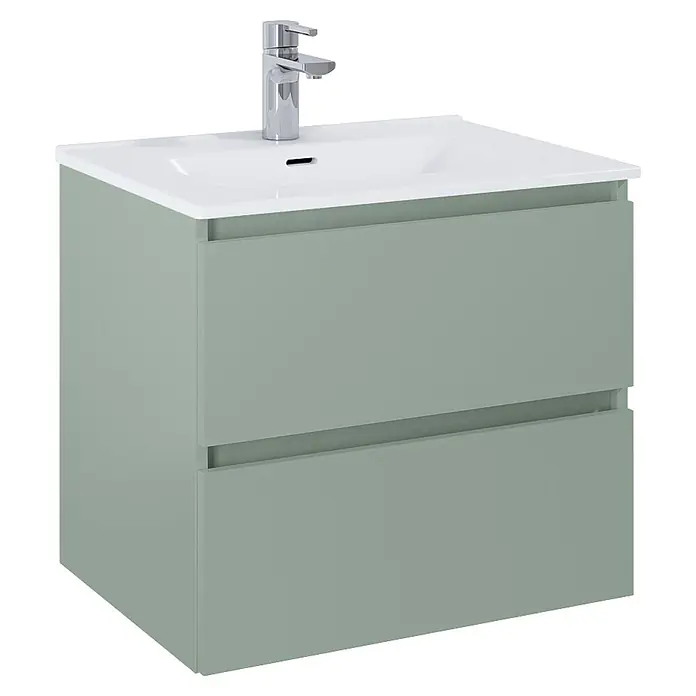 Riva Lynn Waschtischunterschrank - B x T x H: 60 x 45,6 x 53 cm, Sage, Matt - Salbeigrüner Badunterschrank mit zwei Schubladen, weißem Waschbecken und Chromarmatur.
