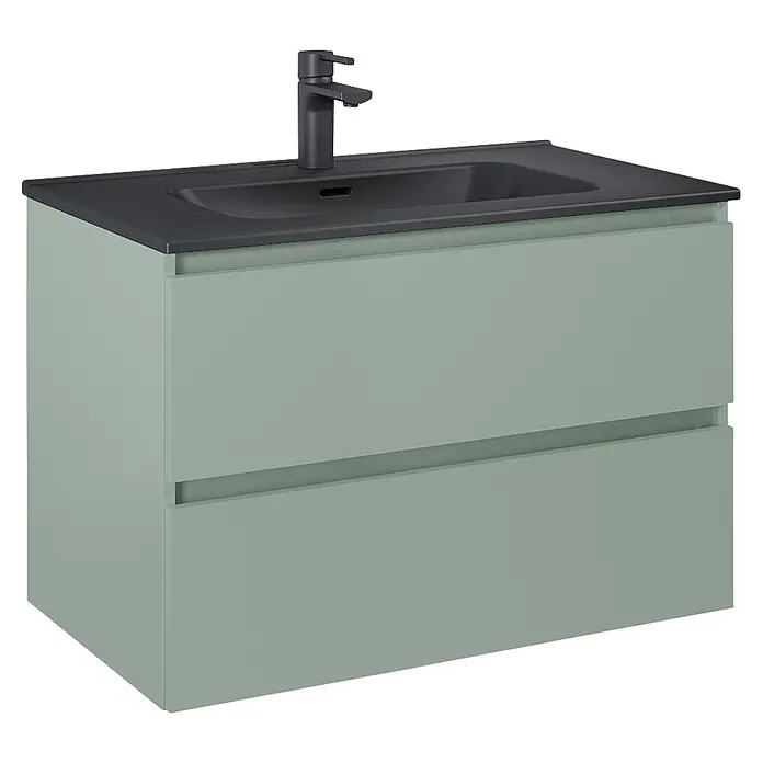Riva Lynn Waschtischunterschrank - B x T x H: 80 x 45,6 x 53 cm, Sage, Matt - Hellgrüner Badunterschrank mit zwei Schubladen, dunkelgrauem Waschbecken und schwarzer Armatur.