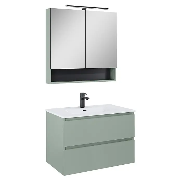 Riva Lynn Waschtischunterschrank - B x T x H: 80 x 45,6 x 53 cm, Sage, Matt - Salbeigrüner Badschrank mit weißem Waschbecken, schwarzem Wasserhahn und Spiegelschrank mit Beleuchtung.