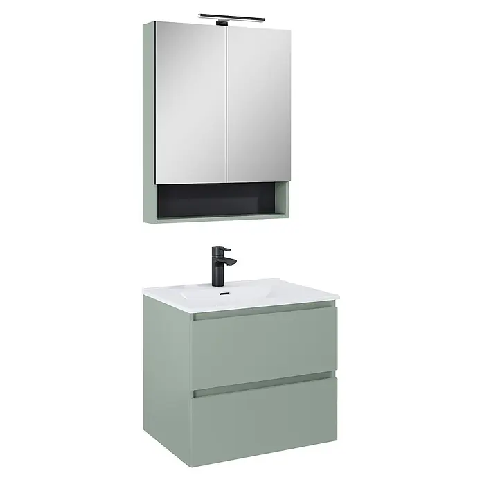 Riva Lynn Waschtischunterschrank - B x T x H: 60 x 45,6 x 53 cm, Sage, Matt - Salbeigrüner Badunterschrank mit integriertem Waschbecken, schwarzem Wasserhahn und passendem Spiegelschrank mit Beleuchtung und offenem Fach.