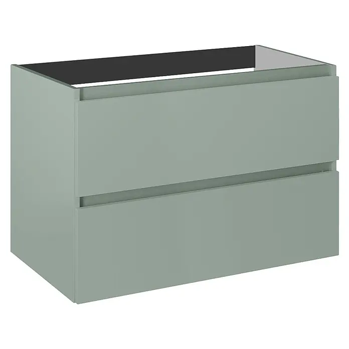 Riva Lynn Waschtischunterschrank - B x T x H: 80 x 45,6 x 53 cm, Sage, Matt - Hellgrüner Badezimmerschrank mit zwei Schubladen und schwarzer Deckplatte.