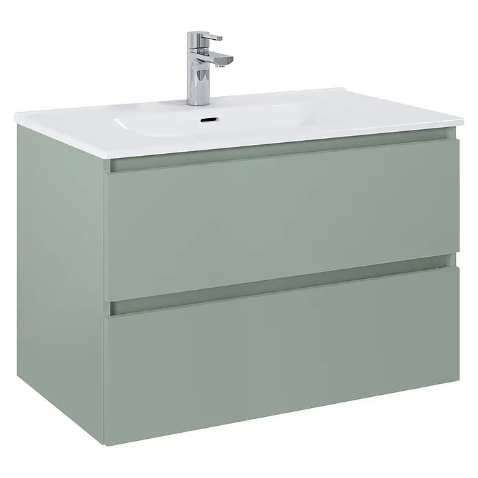 Riva Lynn Waschtischunterschrank - B x T x H: 80 x 45,6 x 53 cm, Sage, Matt - Hellgrüner Waschtischunterschrank mit integriertem weißen Keramikwaschbecken, Chromarmatur und zwei Schubladen.