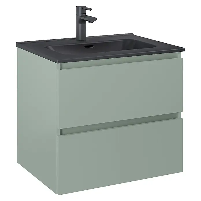 Riva Lynn Waschtischunterschrank - B x T x H: 60 x 45,6 x 53 cm, Sage, Matt - Salbeigrüner Badunterschrank mit zwei Schubladen, integriertem schwarzem Waschbecken und schwarzer Armatur.