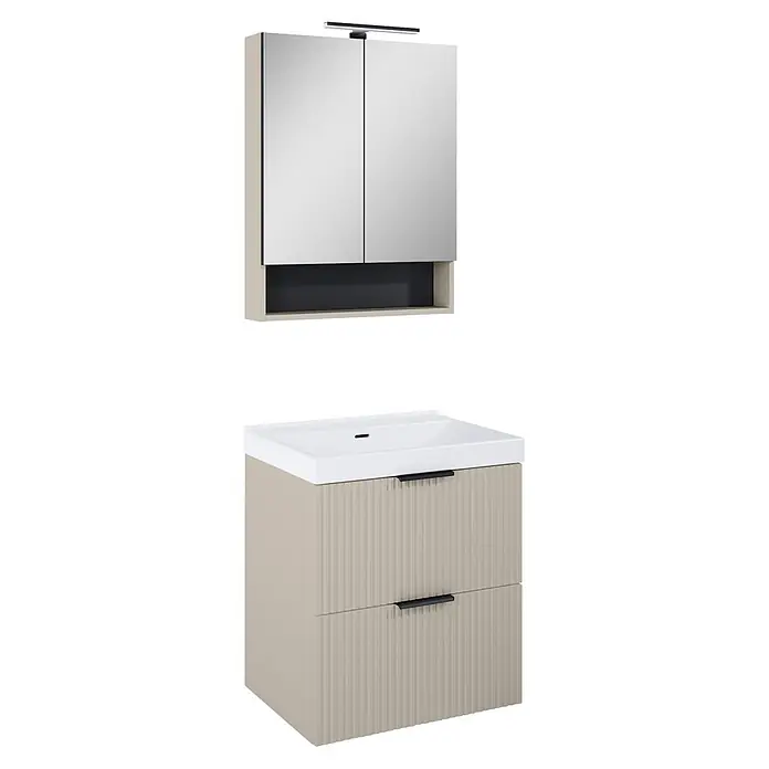 Riva Yasumi Waschtischunterschrank - B x T x H: 60 x 45,2 x 63,5 cm, Fume, Matt - Helle beige Badezimmermöbel-Set mit Spiegelschrank, Licht, offenem Regal und Unterschrank mit geriffelten Schubladen & schwarzen Griffen.