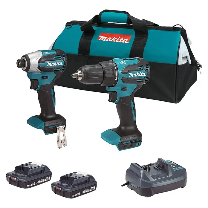 Makita Juego de máquinas - 18 V, 2 baterías, 2 Ah, 6 pzs. - Kit Makita de taladro percutor y atornillador inalámbrico turquesa y negro con bolsa, dos baterías y cargador.