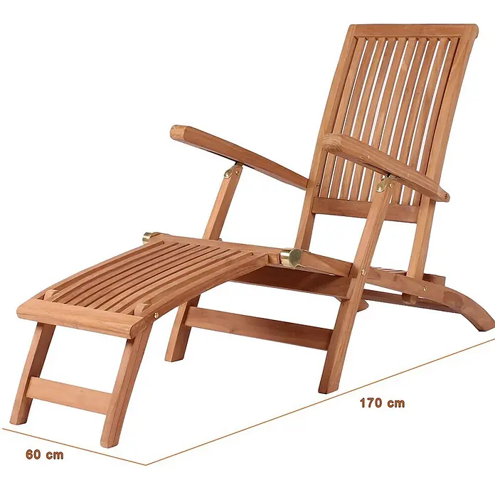 Bene Living Gartenliege Yacht - B x T: 170 x 60 cm, braun, Naturmaterialien - Verstellbarer Teakholz-Liegestuhl mit Lattenrost und Messingbeschlägen.