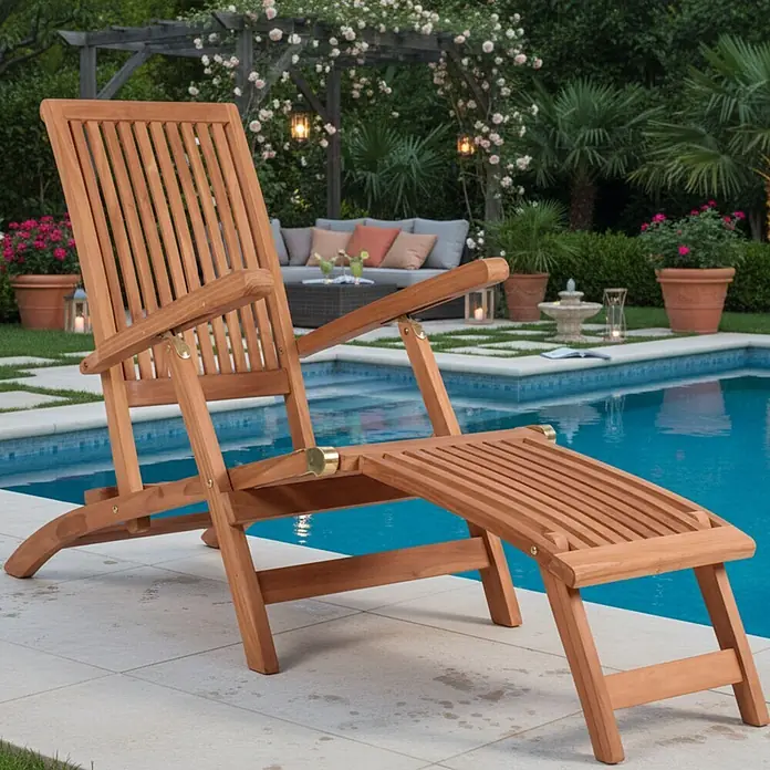 Bene Living Gartenliege Yacht - B x T: 170 x 60 cm, braun, Naturmaterialien - Hellbraune Holz-Gartenliege mit verstellbarer Rückenlehne und Fußteil, am blauen Pool in einem üppigen Garten.