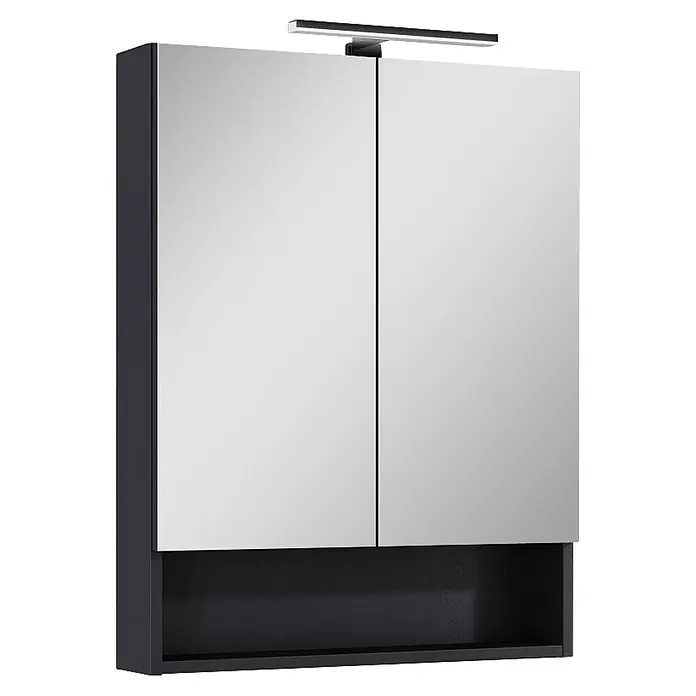 Riva Yasumi LED-Spiegelschrank Yasumi/Lynn - B x H: 60 x 76,8 cm, Schwarz, Spanplatte - Dunkelgrauer Spiegelschrank für Badezimmer mit zwei Spiegeltüren, Beleuchtung und offenem Fach.