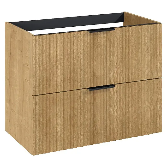 Riva Yasumi Waschtischunterschrank - B x T x H: 80 x 45,2 x 63,5 cm, Hamilton Eiche, Matt - Heller Holz-Badezimmerunterschrank mit zwei Schubladen, strukturierten Fronten und schwarzen Griffen.