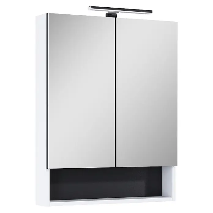 Riva Lynn LED-Spiegelschrank - B x H: 60 x 76,8 cm, Weiß - Weißer Badspiegelschrank mit zwei Spiegeltüren, integrierter LED-Leuchte und offenem schwarzem Ablagefach.