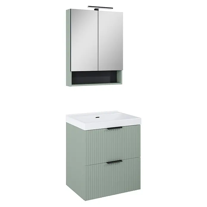 Riva Yasumi Waschtischunterschrank - B x T x H: 60 x 45,2 x 63,5 cm, Sage, Matt - Salbeigrünes Badmöbel-Set mit Spiegelschrank (mit Licht und Ablage) und Waschbeckenunterschrank mit weißem Becken und gerippten Schubladen.