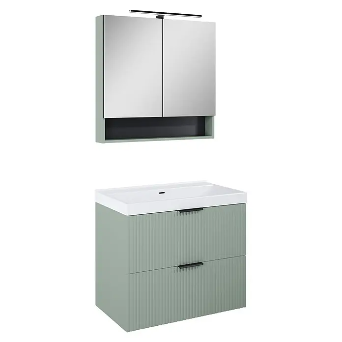 Riva Yasumi Waschtischunterschrank - B x T x H: 80 x 45,2 x 63,5 cm, Sage, Matt - Salbeigrünes Badmöbel-Set: geriffelter Waschtisch mit weißem Becken, schwarzen Griffen und Spiegelschrank mit Lichtleiste und Ablage.