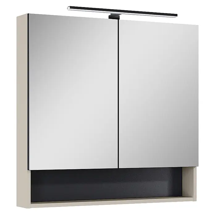 Riva Yasumi LED-Spiegelschrank Yasumi/Lynn - B x H: 80 x 76,8 cm, Fume, Spanplatte - Badezimmer-Spiegelschrank mit zwei Spiegeltüren, integrierter LED-Beleuchtung und offenem Ablagefach.