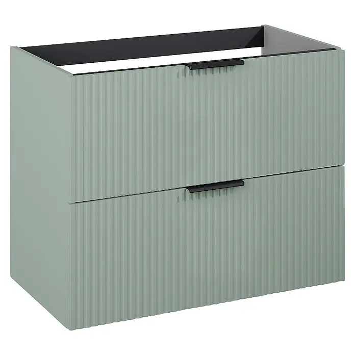 Riva Yasumi Waschtischunterschrank - B x T x H: 80 x 45,2 x 63,5 cm, Sage, Matt - Hellgrüner gerippter Waschtischunterschrank mit zwei Schubladen und schwarzen Griffen.