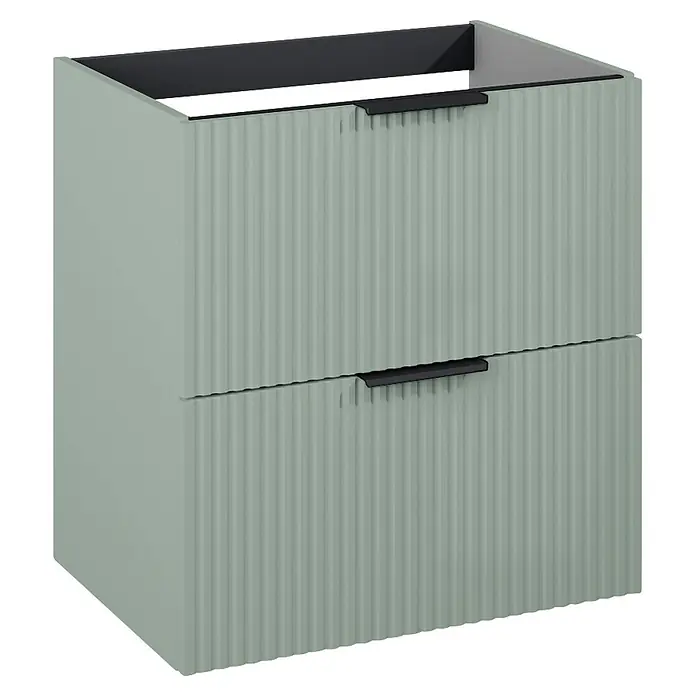 Riva Yasumi Waschtischunterschrank - B x T x H: 60 x 45,2 x 63,5 cm, Sage, Matt - Hellgrüner gerillter Waschtischunterschrank mit zwei Schubladen und schwarzen Griffen.