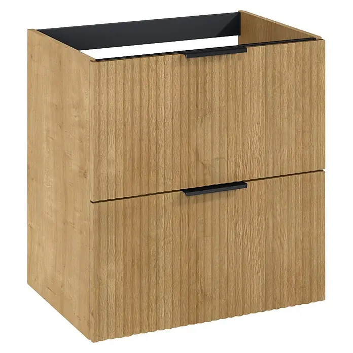 Riva Yasumi Waschtischunterschrank - B x T x H: 60 x 45,2 x 63,5 cm, Hamilton Eiche, Matt - Helles Eichenholz-Badunterschrank mit geriffelten Fronten, zwei Schubladen und schwarzen Griffen.