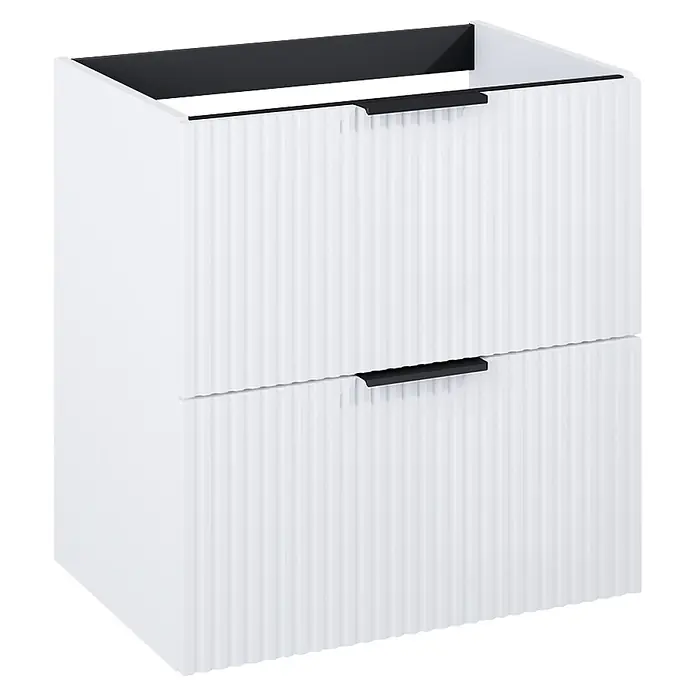 Riva Yasumi Waschtischunterschrank - B x T x H: 60 x 45,2 x 63,5 cm, Weiß, Matt - Weißer gerippter Badezimmerschrank mit zwei Schubladen und schwarzen Griffen, für ein Waschbecken.