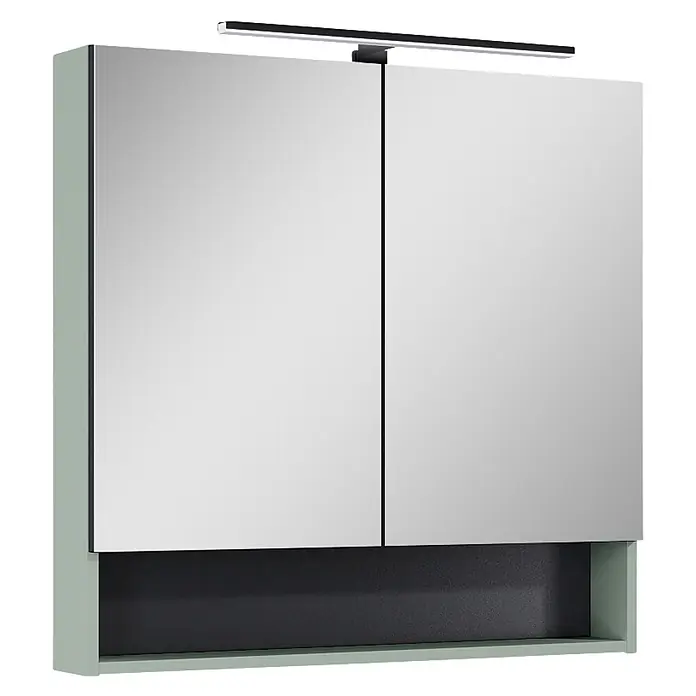 Riva Yasumi LED-Spiegelschrank Yasumi/Lynn - B x H: 80 x 76,8 cm, Sage, Spanplatte - Zweitüriger Spiegelschrank mit integrierter LED-Lichtleiste und offener Ablage darunter.