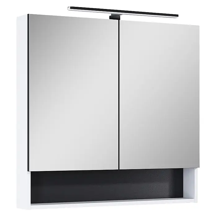 Riva Lynn LED-Spiegelschrank - B x H: 80 x 76,8 cm, Weiß - Zweitüriger Spiegelschrank mit weißem Rahmen, schwarzer Lichtleiste und offener Ablage.