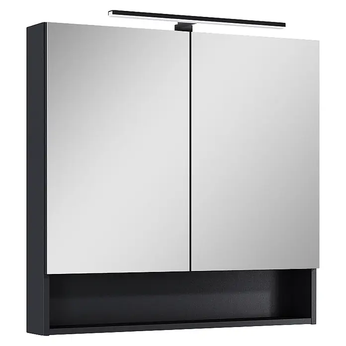 Riva Yasumi LED-Spiegelschrank Yasumi/Lynn - B x H: 80 x 76,8 cm, Schwarz, Spanplatte - Dunkelgrauer Spiegelschrank mit zwei Spiegeltüren, integrierter LED-Beleuchtung und offener Ablage.