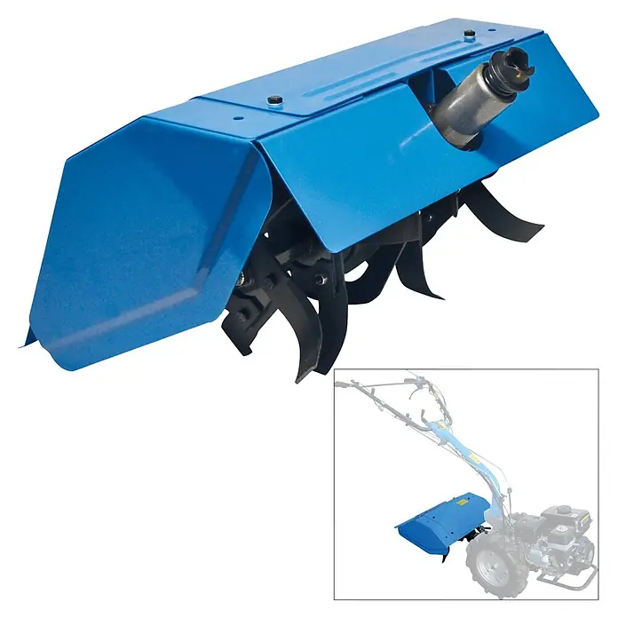 Güde Motor-Hacke - Passend für Güde Motoreinachser GME 6.5V, Arbeitsbreite: 455 mm - 575 mm - Blauer Fräsanbau mit Kultivierklingen und Antriebsanschluss.
