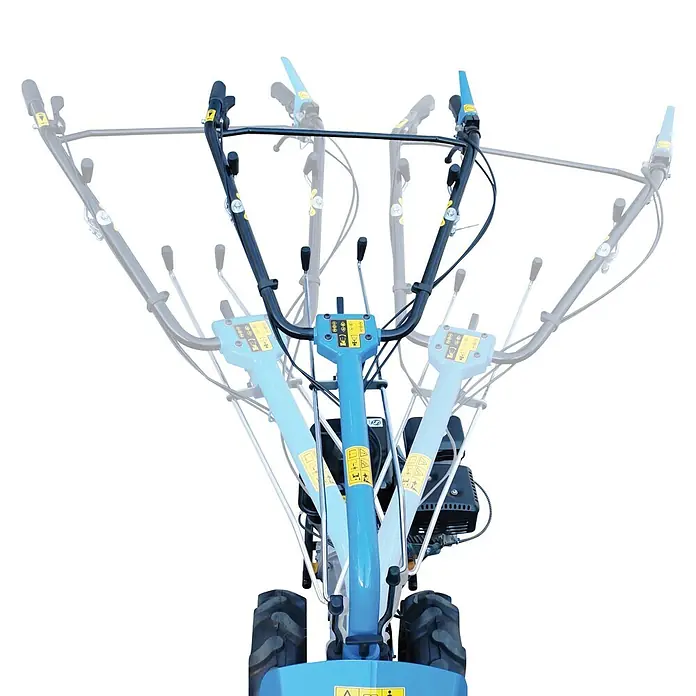Güde Motoreinachser - Leistung: 4,8 kW, 4-Takt - Blaue und schwarze verstellbare Griffe und Bedienelemente eines Einachsschleppers, die deren Bewegungsbereich zeigen.