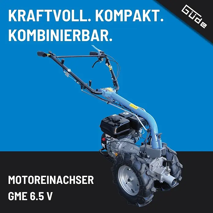 Güde Motoreinachser - Leistung: 4,8 kW, 4-Takt - Blauer und schwarzer Motoreinachser mit großen Profilreifen, Lenker und Motoreinheit.