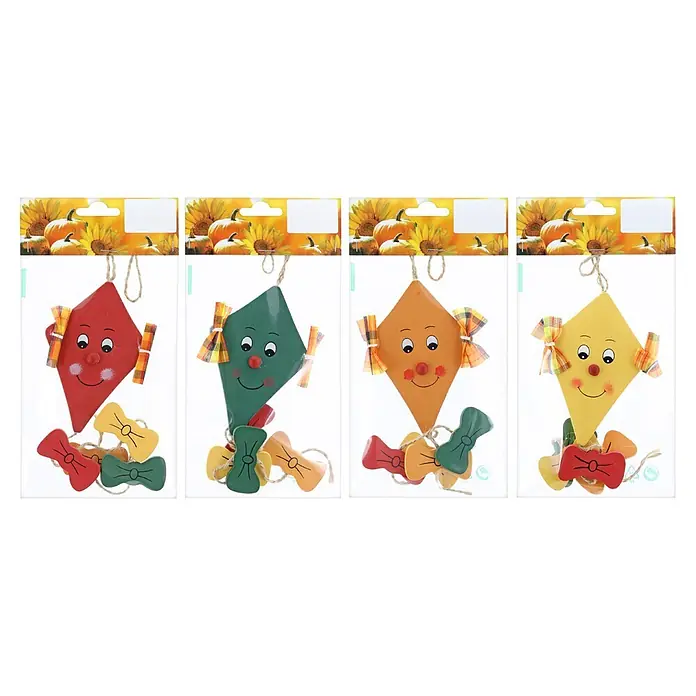 Geroma Wanddeko Holzdrachen - Farbe: Gelb, Orange, Rot, Grün, L x B x H: 11 x 7,5 x 0,4 cm - Set aus vier bunten Drachen-Holzdekorationen für den Herbst mit Gesichtern und baumelnden Schleifen.